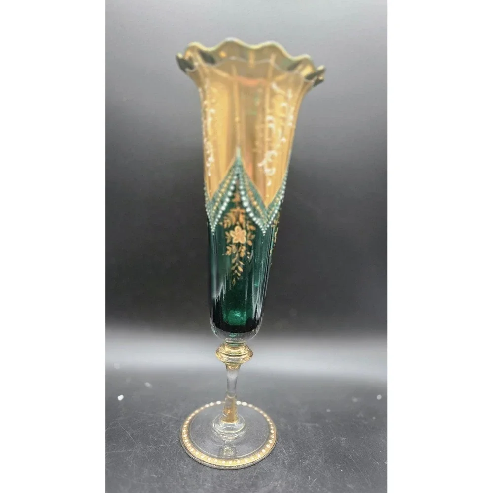 Antique Bohemian Emerald Green Footed Vase 12